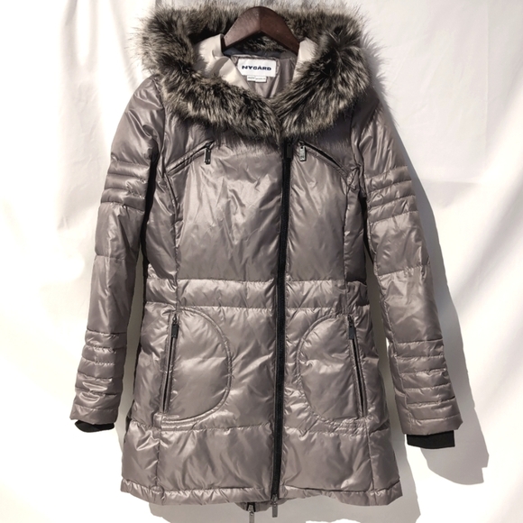 NWOT Nygard Women's 3/4 Metallic Taupe Puffer Jacket w/ Faux Fur Trim Hood, XS - Picture 1 of 12
